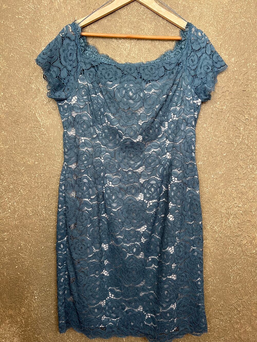 Adrianna Papell Floral Lace Scallop Hem Blue Mini Sheath Dress Size 16